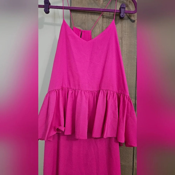 1 State Ruffled Midi Sleeveless Peplum Cocktail V-Neck Dress in Fuchsia Size Lg - Picture 8 of 9